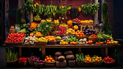 Fototapeta na wymiar Explore a vibrant and colorful fruit and vegetable market, a feast for the eyes and taste buds.