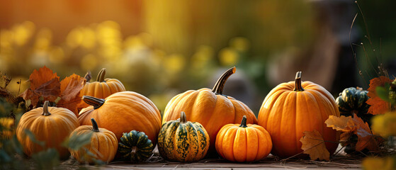 Naklejka na ściany i meble Still life of pumpkins of various shapes in nature as halloween background, generative ai 