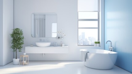 Fototapeta na wymiar Interior of modern luxury scandi bathroom with white walls and window. White countertop with bowl-shaped sink, rectangular mirror, free standing bath. Contemporary home design. 3D rendering.