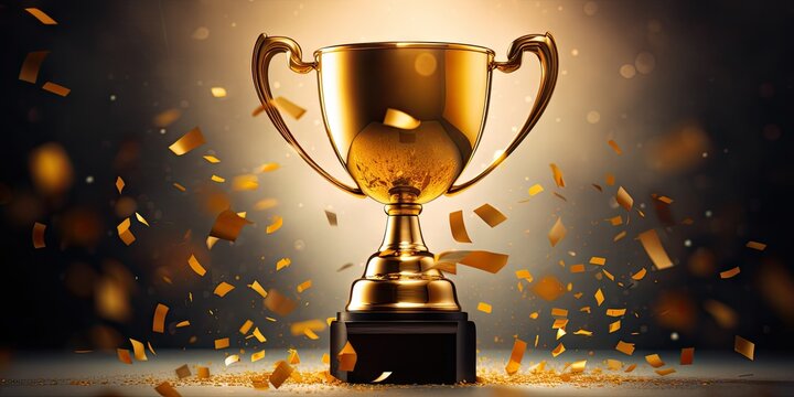 Triumphant victory cup. Golden champion trophy. Celebrating success. Glorious of excellence. Pinnacle of achievement