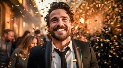 Attractive man smiling, dressed in suit at an event or celebration party. Winning, successful and happy businessman. New year's eve party or celebration. with golden confetti and people in background