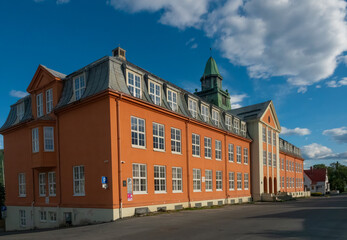 Fototapeta na wymiar Catholic church of Tromsø, old town streets, Troms of Finnmark, Norway