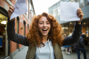 triumphant photo of a student holding an exam paper with high marks, showcasing academic excellence - obrazy, fototapety, plakaty