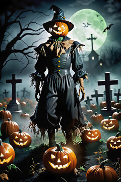 A scary scarecrow standing in a dark gloomy hanted graveyard.