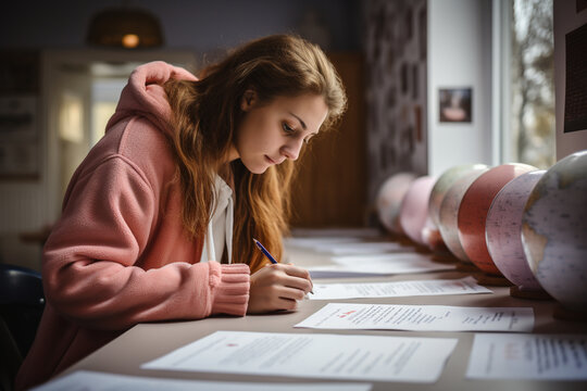 photo of a student reviewing their paper test results, studying the questions and answers for self-assessment