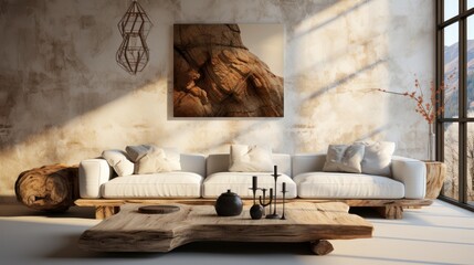 Interior of modern cozy living room with rustic decor in luxury villa. Stylish comfortable sofa, rough wooden coffee table, decorative wall, panoramic window. Eco home design. 3D rendering.