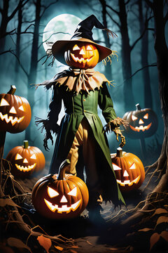 A scary scarecrow standing in a dark forest.