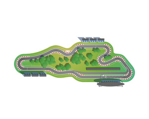 Top-down racing track with a green field and trees