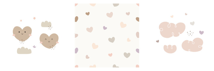 Cute seamless pattern with love, hearts and clouds. Kids collection set. Design for print, wallpaper, wrapping, card. Vector illustration