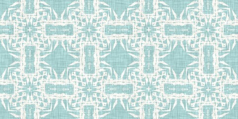 Aqua teal blue white vibrant watercolor batik azulejos tile border banner background. Seamless coastal blur linen effect geometric mosaic effect.Boho Patchwork nautical masculine summer ribbon trim. 