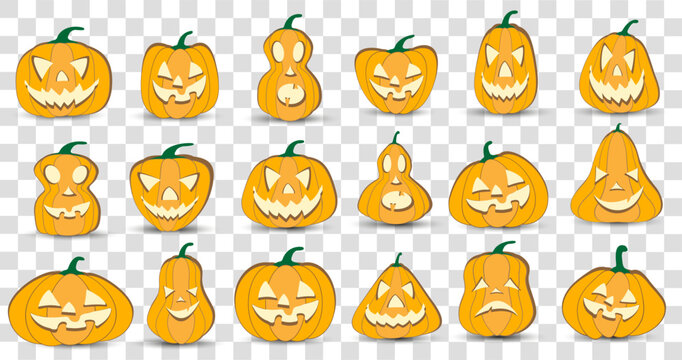 Halloween pumpkin lantern vector 18 icons set, Emotion Variation. Simple flat style design elements. Set of silhouette spooky horror images of pumpkins. Scary Jack-o-lantern facial expressions