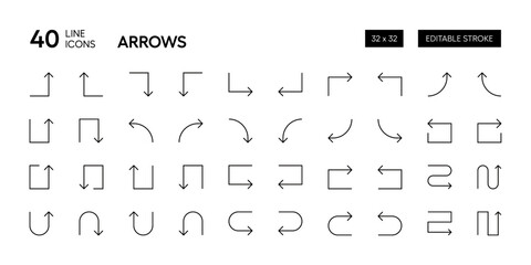 Arrow icon collection. Editable stroke outline arrows direction, up curved, down curved, subdirectory, return, navigation. Pixel Perfect. 32 x 32 Grid base.