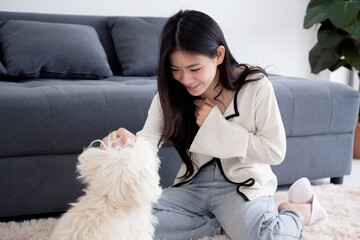 Young asian woman playful with fluffy dog shih tzu for relax with love in the living room at home,...