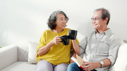 Happiness senior couple sitting on sofa cheer coffee cup and drinking in living room at home, happy elderly man and woman sitting on couch drinking coffee and talking with cozy, bonding and relation.