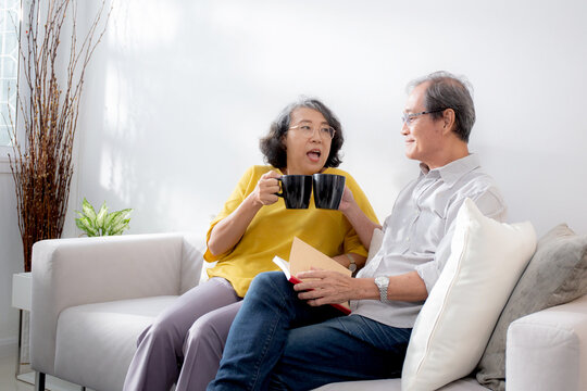 Happiness senior couple sitting on sofa cheer coffee cup and drinking in living room at home, happy elderly man and woman sitting on couch drinking coffee and talking with cozy, bonding and relation.