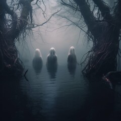 Mystical mysterious foggy forest, nymphs, mermaids or scary witches in a swamp among creepy trees. Image generated by AI.
