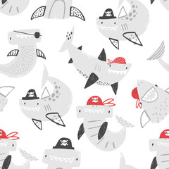 Vector seamless pattern with cute sharks pirates. Funny smiling sharks in pirate costumes.  Sea, ocean, sea inhabitants. Children's texture with sharks. Funny animals sketch.