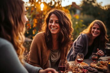 Happy smiling women spending time having lunch with wine outside at sunset. Spring summer vacation concept. Friendship and fun outdoors