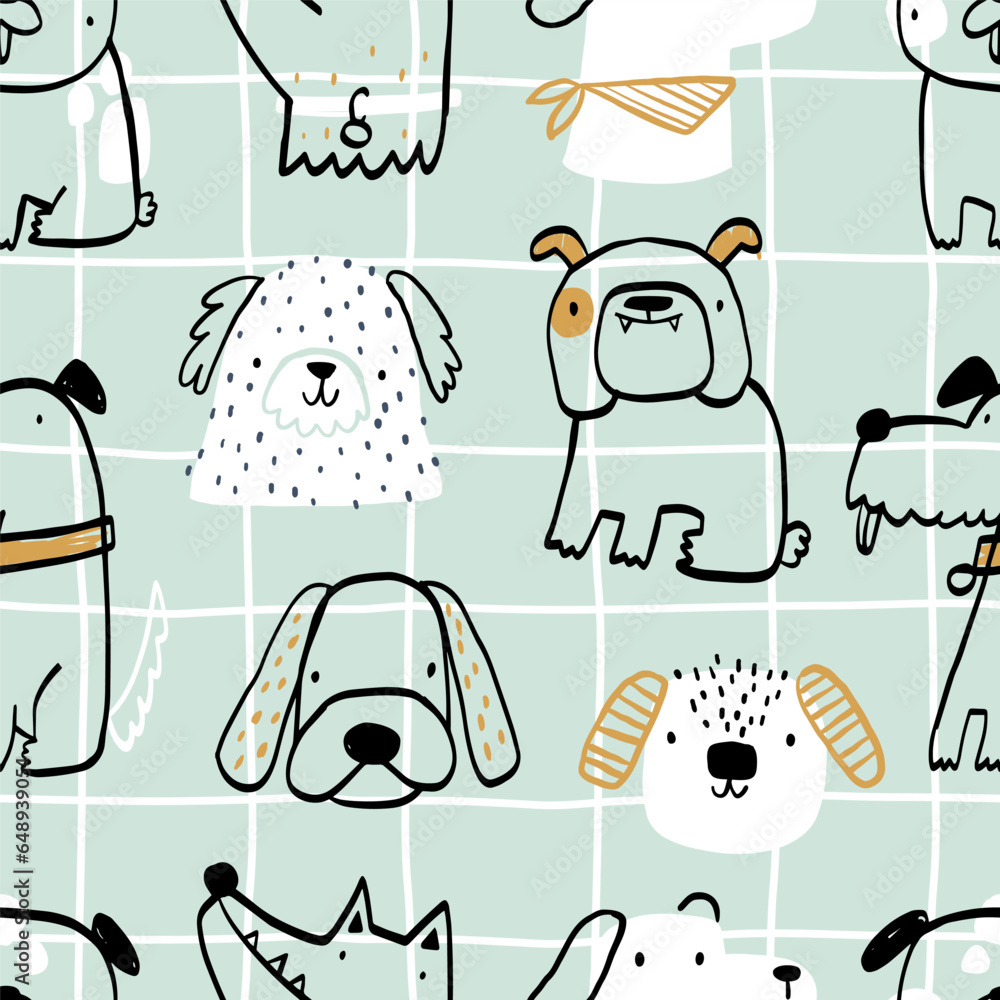 Wall mural Vector hand-drawn color seamless repeating childish simple pattern with cute dogs, bones in Scandinavian style on a blue background. Children's texture with dogs. Dogs print. Pets.