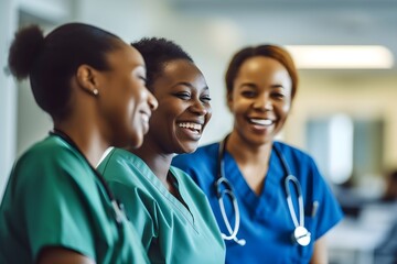 Three nurses laughing and talking in a hospital, positivity and collegiality - obrazy, fototapety, plakaty