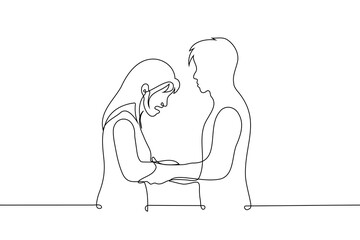 man holding hands of crying woman - one line art vector. concept man comforts, consoles, calms woman