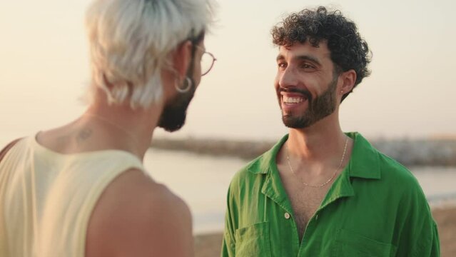 Gay couple in love talking while standing on the beach