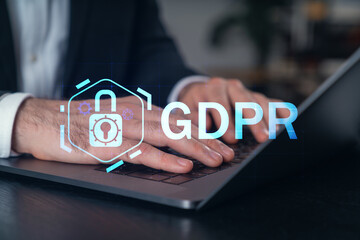 Woman typing on laptop at office workplace in background. Concept of working process, internet surfing, online business education. Student send e-mail. Close up view. Hands Shot. Technology icons