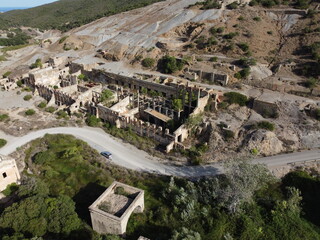 Fototapeta na wymiar Miniera abbandonata in Sardegna vista col drone - Laveria Brassey - Naracauli - Ingurtosu