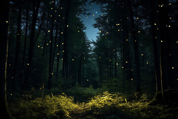 A forest full of bright fireflies at night