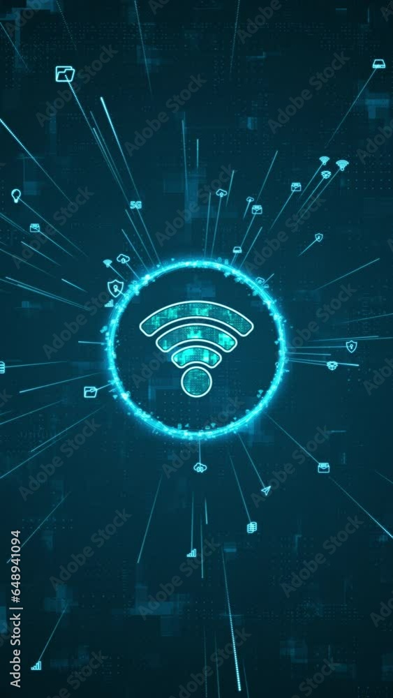 Poster motion graphic of blue digital wifi logo and ring rotation with ai icon spread and line linked on ab
