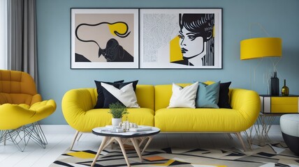 Pop art style interior design of modern living room with two beige sofas.  