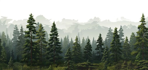 Fototapeta premium Mystical morning. Foggy forest adventure. Pine peaks and misty valleys. Serene wilderness. Emerging from mist. Sunrise in woodland background