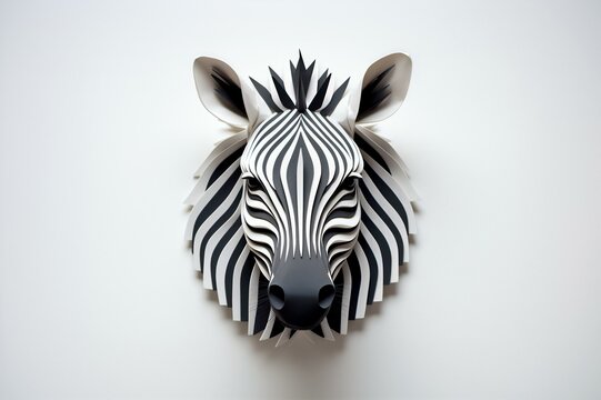 Monochrome Zebra Head: A 3D Origami Art on White Wall, Generativ