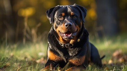 Fototapeta premium playful rottweiler on the grass, at the park, in the yard