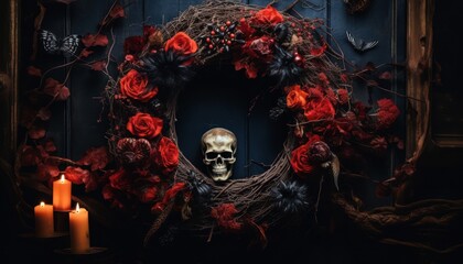 Photo of a macabre wreath with a skull centerpiece and flickering candles