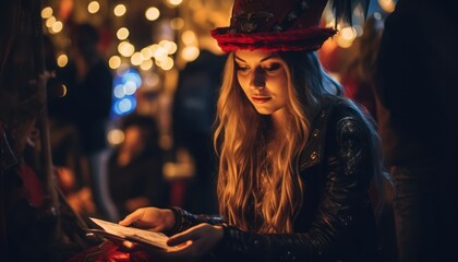 Photo of a woman in a red hat reading a book