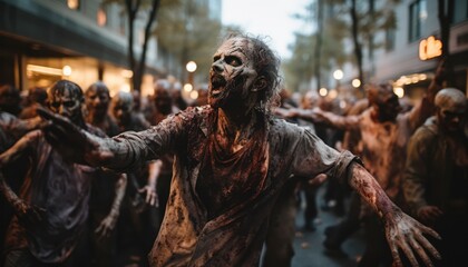 Obraz premium Photo of people in zombie costumes at a Halloween party