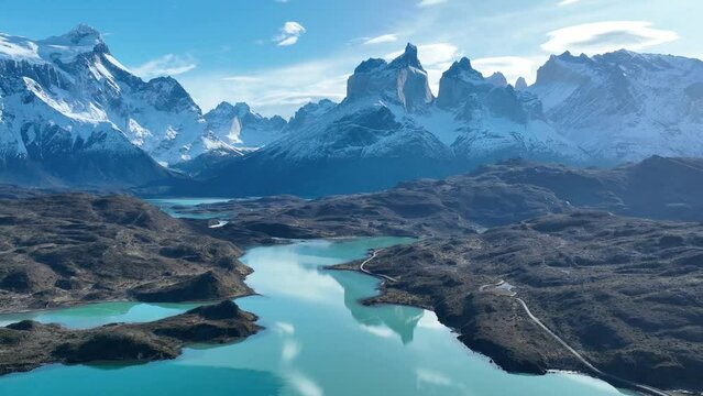 National Park At Torres Del Paine Punta Arenas Chile. Forest Landscape Torres Del Paine Punta Arenas. Patagonia Cityscape Outdoor Glacier. Outdoor Drone View Outdoor Snow Covered Skyline.