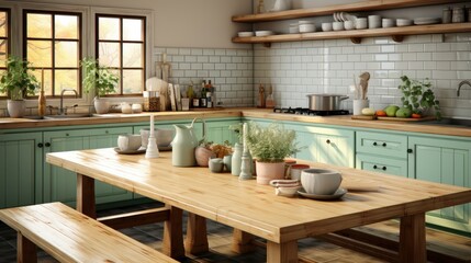 Interior of cozy vintage kitchen provence style. Pistachio facades, wooden countertops and shelves, tile backsplash. Wooden dining table and bench. Crockery and flowers. Large window with garden view.