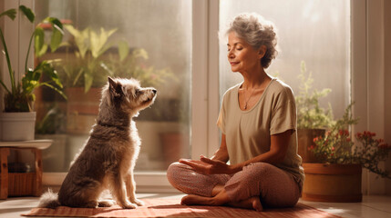 old lady old in yoga position with her dog, meditation, mindfulness next to a window with daylight with relaxation, good health, fullness