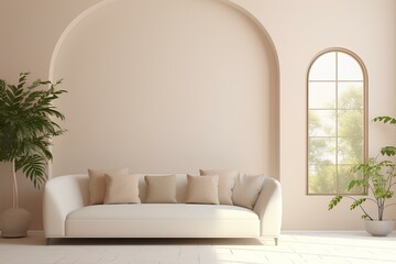 Minimalist home interior design of modern living room. sofa against arched window near beige wall. generative AI