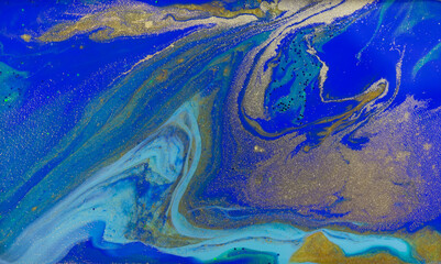 Fototapeta na wymiar Gold and Blue Marble Liquid Pattern.