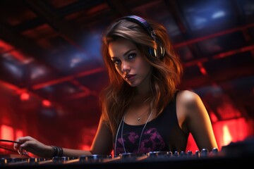 Fototapeta na wymiar Beautiful girl disc jockey at the turntable, DJ plays music in the club