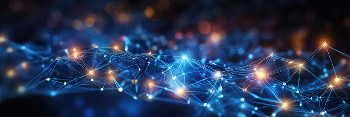 Abstract connected dots on bright blue background. Communication concept. Horizontal banner