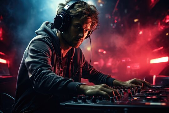 disc jockey at the turntable, DJ plays music in the club