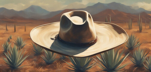 Cowboy hat in the desert. Generative AI.