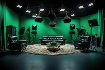 Shooting, video studio with professional equipment and chromakey green screen - obrazy, fototapety, plakaty