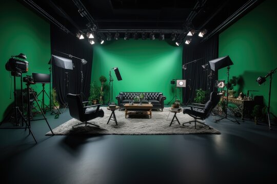 Shooting, video studio with professional equipment and chromakey green screen