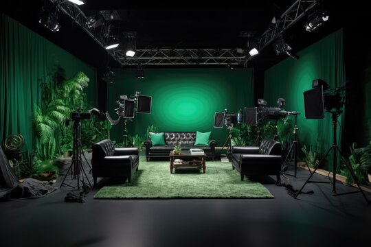 Shooting, video studio with professional equipment and chromakey green screen