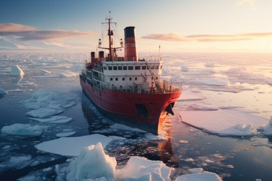 Icebreaking vessel in background of sunset